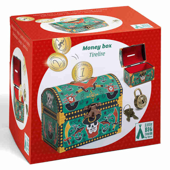 The Djeco Pirate Money Box package presents a vibrant pirate theme with a chest design that includes skull and crossbones imagery, coins, and an open padlock accompanied by keys. This pirate money bank features detailed illustrations of the savings box and its locking mechanism.