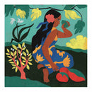 A woman in a blue and yellow floral dress crouches by red fruit, evoking a Paul Gauguin scene. With a leaf near her face and a pink flower in her hair, she is surrounded by plants under a green-yellow sky, much like the imagery from Djeco's Inspired by Paul Gauguin - Water Colour Painting.