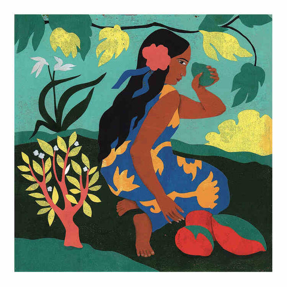 A woman in a blue and yellow floral dress crouches by red fruit, evoking a Paul Gauguin scene. With a leaf near her face and a pink flower in her hair, she is surrounded by plants under a green-yellow sky, much like the imagery from Djeco's Inspired by Paul Gauguin - Water Colour Painting.