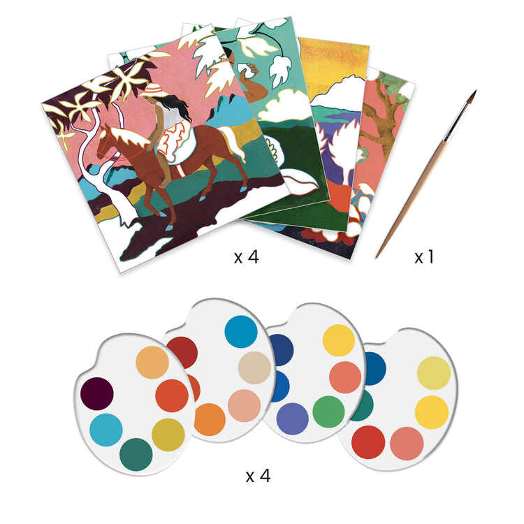 Unleash your creativity with Djeco's "Inspired by Paul Gauguin - Water Colour Painting" kit. It features four nature-themed canvases, a paintbrush, and four circular palettes of assorted colors for an immersive artistic experience.