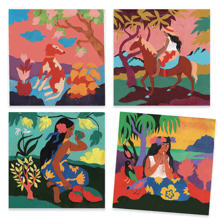 Inspired by Paul Gauguin, Djeco's watercolor card set features four vibrant illustrations of nature interaction: a person with a dog, riding a horse, sitting beneath foliage, and playing flute near a parrot. The lively scenes capture the charm and creativity of watercolor painting.