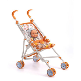 The Djeco Stroller Forest features a toy doll in a striped outfit with a gray hood, seated in a colorful, foldable stroller with orange and white accents. It includes patterned fabric, four orange wheels, and curved handles, all set against a plain white background.
