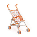 The Djeco Stroller Forest by Djeco is a lightweight, foldable doll pushchair with vibrant orange handles, frame, and wheels. It has a whimsical animal print seat, set against a white background for a delightful display.