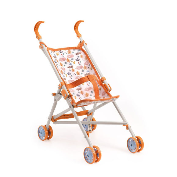 The Djeco Stroller Forest by Djeco is a lightweight, foldable doll pushchair with vibrant orange handles, frame, and wheels. It has a whimsical animal print seat, set against a white background for a delightful display.