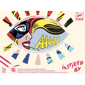 A vibrant pop art piece named "Inspired by Roy Lichtenstein" features a comic-style face with blue hair, yellow highlights, and "AAAAH," surrounded by superhero-like geometric patterns. Text reads: "Christian Montenegro inspired by Roy Lichtenstein." Brand: Djeco.
