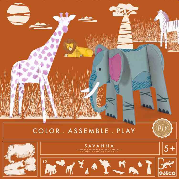 The Colour, Assemble & Play - Savannah kit from Djeco features an illustration of savanna animals on an orange background, including a pink giraffe, a blue elephant, and a lion. It comes with coloring and assembly instructions for creating animal cut-outs suitable for children ages 5 and up.