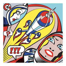 Djeco's "Inspired by Roy Lichtenstein" coloring activity features a pop art illustration of two astronauts in colorful helmets watching a rocket ship leave Earth. One appears surprised with a question mark thought bubble, while the other has an exclamation mark. It showcases bold colors in a retro comic style.