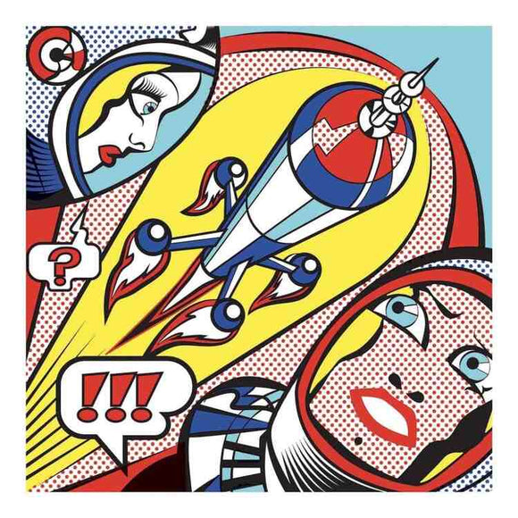 Djeco's "Inspired by Roy Lichtenstein" coloring activity features a pop art illustration of two astronauts in colorful helmets watching a rocket ship leave Earth. One appears surprised with a question mark thought bubble, while the other has an exclamation mark. It showcases bold colors in a retro comic style.