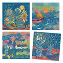 The "Inspired by Vincent Van Gogh - Scratch Art" set from Djeco features four colorful square illustrations: sunflowers in a vase, vibrant sailboats on water, whimsical clouds over houses and trees, and a dynamic forest scene with twisting tree trunks. Each artwork showcases bold patterns and vivid hues reminiscent of Van Gogh's style.
