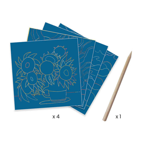 Unleash your creativity with the Djeco "Inspired by Vincent Van Gogh - Scratch Art" set. This engaging art activity includes four blue cards with sunflower designs inspired by Van Gogh's unique style. Use the wooden stylus to reveal your masterpiece within these beautifully crafted pieces.