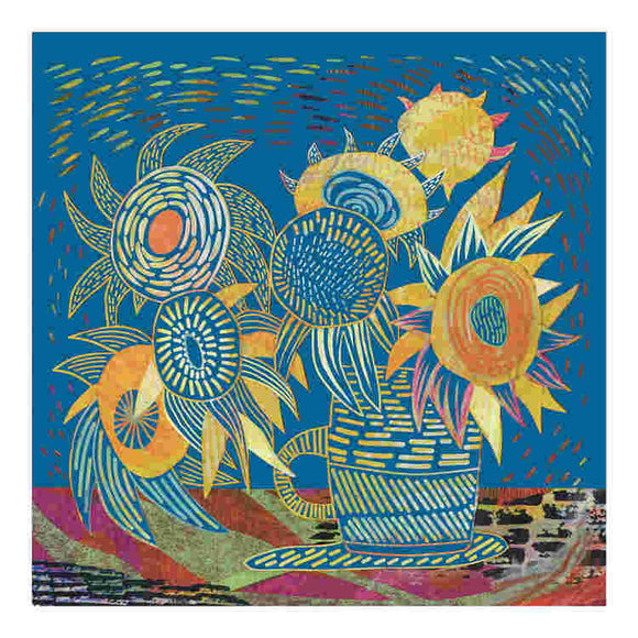 The Inspired by Vincent Van Gogh - Scratch Art by Djeco features a colorful abstract depiction of sunflowers in a vase, capturing swirling patterns and bold lines. A vibrant blue background accentuates the yellow, orange, and red hues of the flowers and vase, offering an engaging art activity to explore.