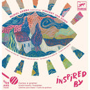 The packaging of the "Inspired by Vincent Van Gogh - Scratch Art" kit from Djeco features vibrant abstract patterns with bold brush strokes and swirling designs. The text highlights "Inspired by Muriel Kerba," making it an engaging art activity with scratch cards suitable for ages 5 and up.