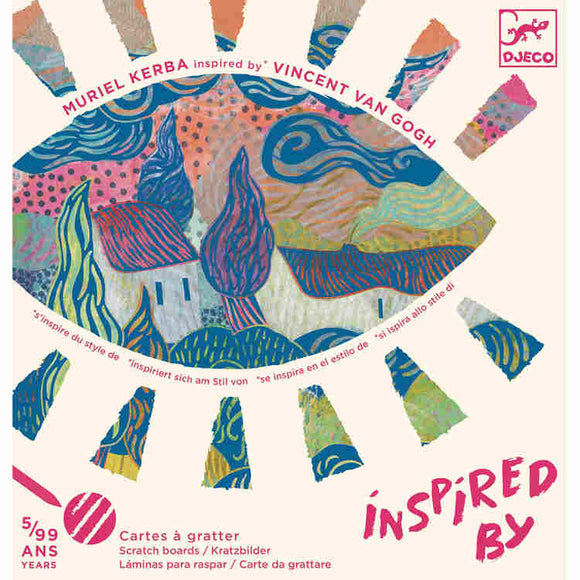 The packaging of the "Inspired by Vincent Van Gogh - Scratch Art" kit from Djeco features vibrant abstract patterns with bold brush strokes and swirling designs. The text highlights "Inspired by Muriel Kerba," making it an engaging art activity with scratch cards suitable for ages 5 and up.