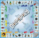 An overhead view of the "Dog-Opoly" board game by Cheatwell presents a charming collection of canine items. The board includes dog-themed properties, pawns modeled after squeaky toys, and areas marked "Good Dog" and "Bad Dog," with the game's title prominently displayed in the center.