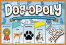 The packaging of Cheatwell's Dog-Opoly features whimsical images of dogs, squeaky toys, and game pieces adorned with playful phrases like "good dog!" and "go fetch!" Emulating the classic Monopoly style, it includes cards such as Akita, Pedigrees, and Bulldog—ideal for enthusiasts of all things canine.