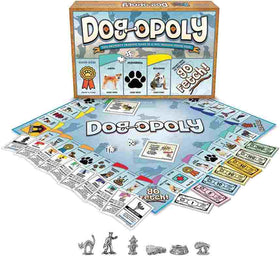 The Cheatwell brand's Dog-Opoly board game is on display. The game set includes a board, currency, cards, and silver dog-themed tokens, offering a Monopoly-style experience with a canine twist. The box showcases paw prints and cartoon dog images, making it ideal for fans of dog-themed items.