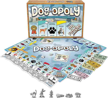 The Cheatwell brand's Dog-Opoly board game is on display. The game set includes a board, currency, cards, and silver dog-themed tokens, offering a Monopoly-style experience with a canine twist. The box showcases paw prints and cartoon dog images, making it ideal for fans of dog-themed items.