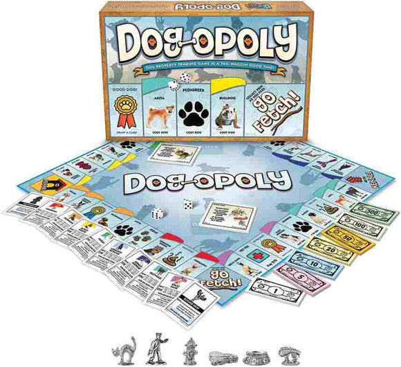 The Cheatwell brand's Dog-Opoly board game is on display. The game set includes a board, currency, cards, and silver dog-themed tokens, offering a Monopoly-style experience with a canine twist. The box showcases paw prints and cartoon dog images, making it ideal for fans of dog-themed items.