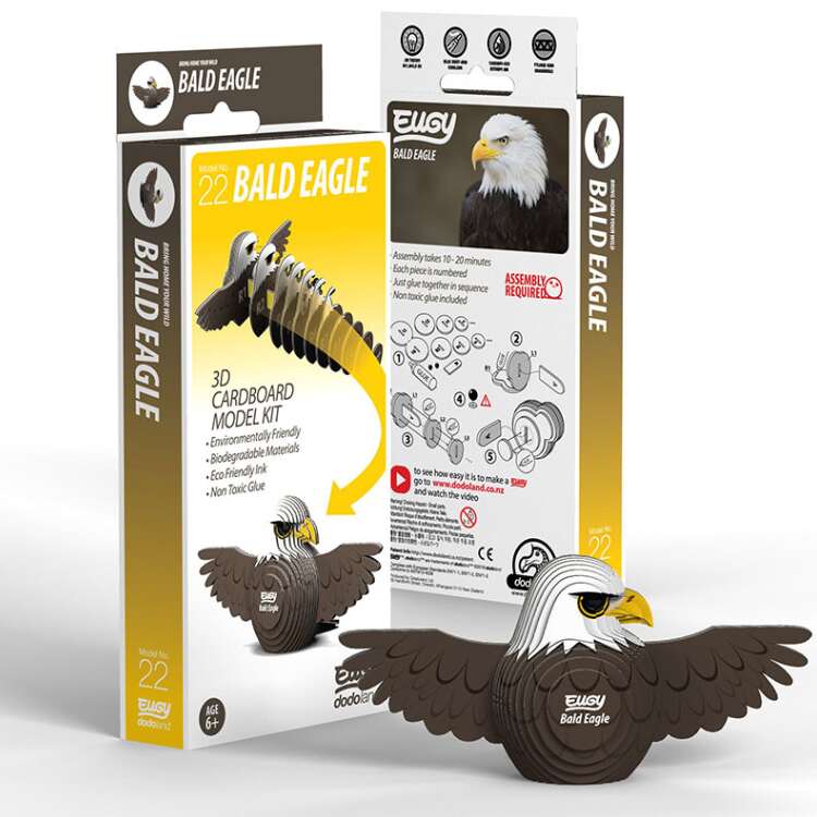 The EUGY Bald Eagle 3D Cardboard Model Kit boasts an eco-friendly and non-toxic design, ideal for children aged 6 and up. Its packaging highlights the impressive completed Bald Eagle model and provides easy-to-follow assembly instructions. Explore the delightful world of EUGY figures today!