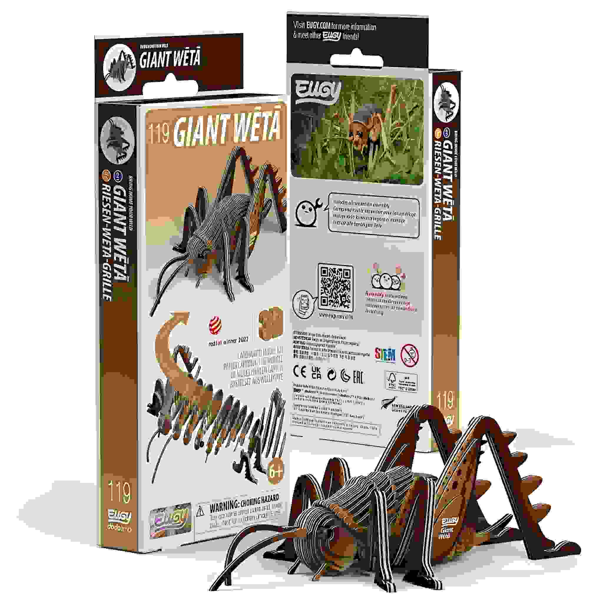 The EUGY Giant Weta toy kit by EUGY features a box and model showcasing the assembled insect, clear instructions, safety warnings, non-toxic glue for easy assembly, an age recommendation of 6+, and a real insect image for reference.