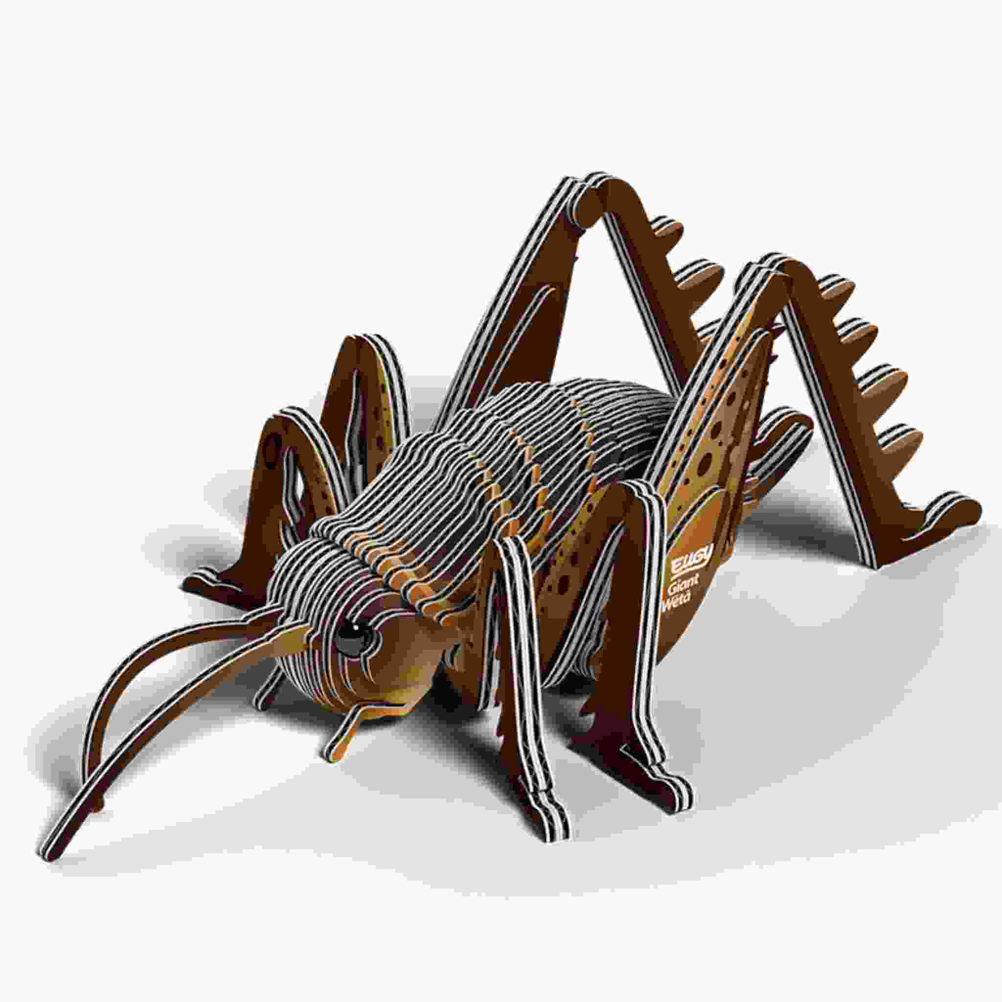 The EUGY Giant Wētā 3D wooden puzzle by EUGY features layered segments for the body and legs, with intricate patterns and details. Its realistic posture is highlighted by extended antennae on a white background. Assemble easily with non-toxic glue for hours of creative fun.