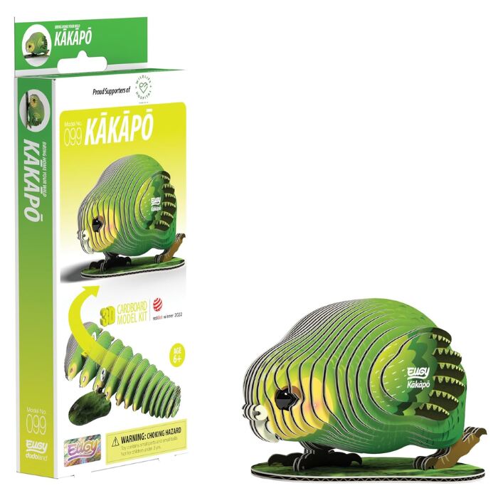 The EUGY Kākāpō is a 3D cardboard model kit of a green bird, created by EUGY. Made from biodegradable card, the packaging features the assembled flightless parrot beside the kit, highlighting its colorful, layered design.