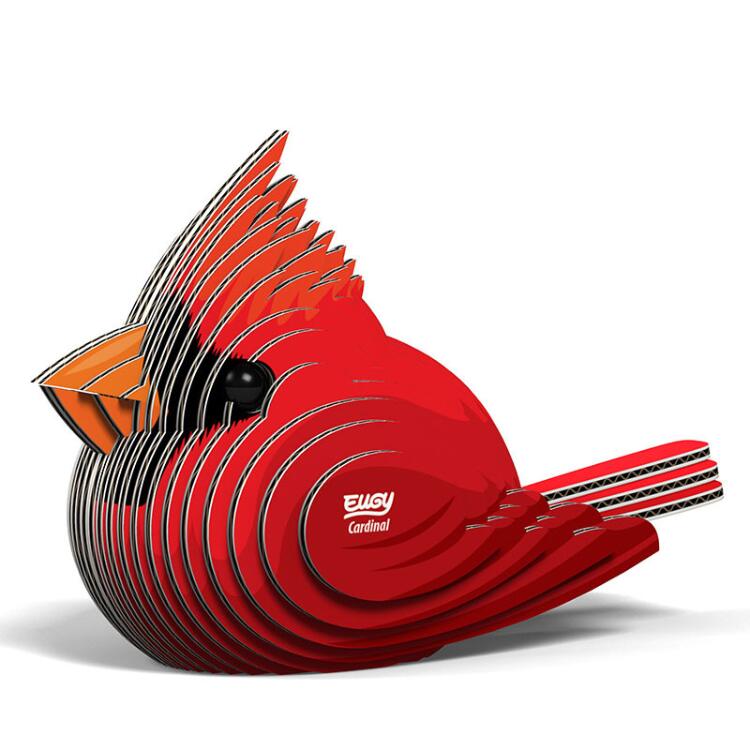 The EUGY Cardinal is a vibrant 3D model fashioned from layered, interlocking pieces. This figure, crafted by the brand EUGY, features a predominantly red color with black and white accents around the eye and beak, offering a stylized, geometric resemblance to this iconic songbird.