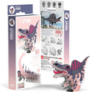 A box containing the EUGY Spino, a 3D eco-friendly dinosaur model kit from the brand EUGY. The front of the package features an illustration of the Spinosaurus toy, while the back includes assembly instructions and visuals. Made from biodegradable materials, a completed model is also displayed on the packaging.