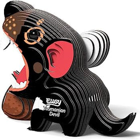 This biodegradable 3D model of a Tasmanian Devil, known as the Eugy Tasmanian Devil by EUGY, is made from layered paper and showcases a cartoonish design with an open mouth. It features colors of black, white, orange, and brown and prominently displays "EUGY Tasmanian Devil" on its side.
