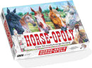 The image shows a horse-themed board game called "Horse-Opoly" from the brand Cheatwell. The cover art displays six horses with different colors and expressions, all gathered by a white fence. The game's tagline enthusiastically states, "A horseplay game that actually encourages fun in equine property trading!