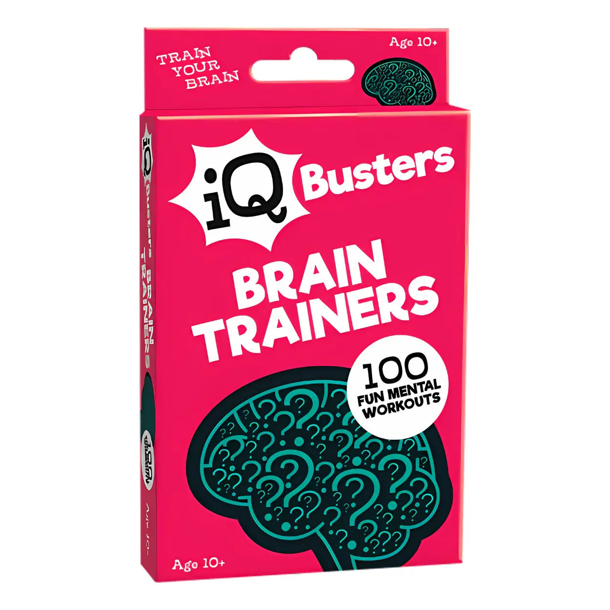 A red box of "IQ Busters Brain Trainers" by Outset Cheatwell, for ages 10+, features a brain with question marks on the front and touts "100 fun mental workouts." Engage in clever puzzles designed to train your brain with a variety of mind-boggling challenges.