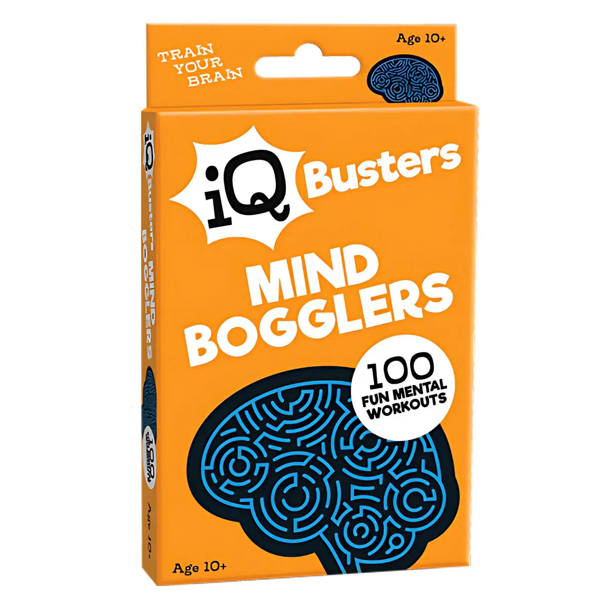 The "IQ Busters Mind Bogglers" by Outset Cheatwell come in orange packaging featuring a blue brain maze design with "100 Fun Mental Workouts." Suitable for ages 10+, these brain trainers invite you to embrace the slogan "Train Your Brain" through engaging puzzles.