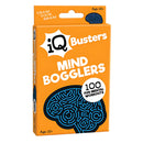 The "IQ Busters Mind Bogglers" by Outset Cheatwell come in orange packaging featuring a blue brain maze design with "100 Fun Mental Workouts." Suitable for ages 10+, these brain trainers invite you to embrace the slogan "Train Your Brain" through engaging puzzles.