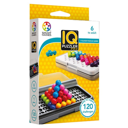 Smart Games' IQ Puzzler Pro showcases a colorful pyramid of beads on its packaging. Suitable for ages 6 and up, it provides 120 brain-teasing challenges for solo play, designed to enhance cognitive skills.