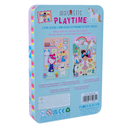 The image displays the back of a "Rainbow Fairy Magnetic Playtime" toy box by Floss & Rock, set in an enchanting world of colorful illustrations with children and animals. This charming magnetic tin offers 2 scenes and more than 50 pop-out magnets, made from recycled materials, suitable for ages 3 and older.