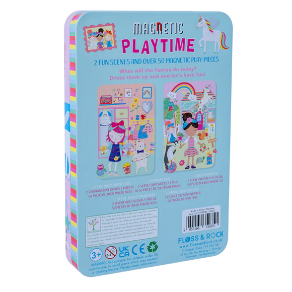 The image displays the back of a "Rainbow Fairy Magnetic Playtime" toy box by Floss & Rock, set in an enchanting world of colorful illustrations with children and animals. This charming magnetic tin offers 2 scenes and more than 50 pop-out magnets, made from recycled materials, suitable for ages 3 and older.