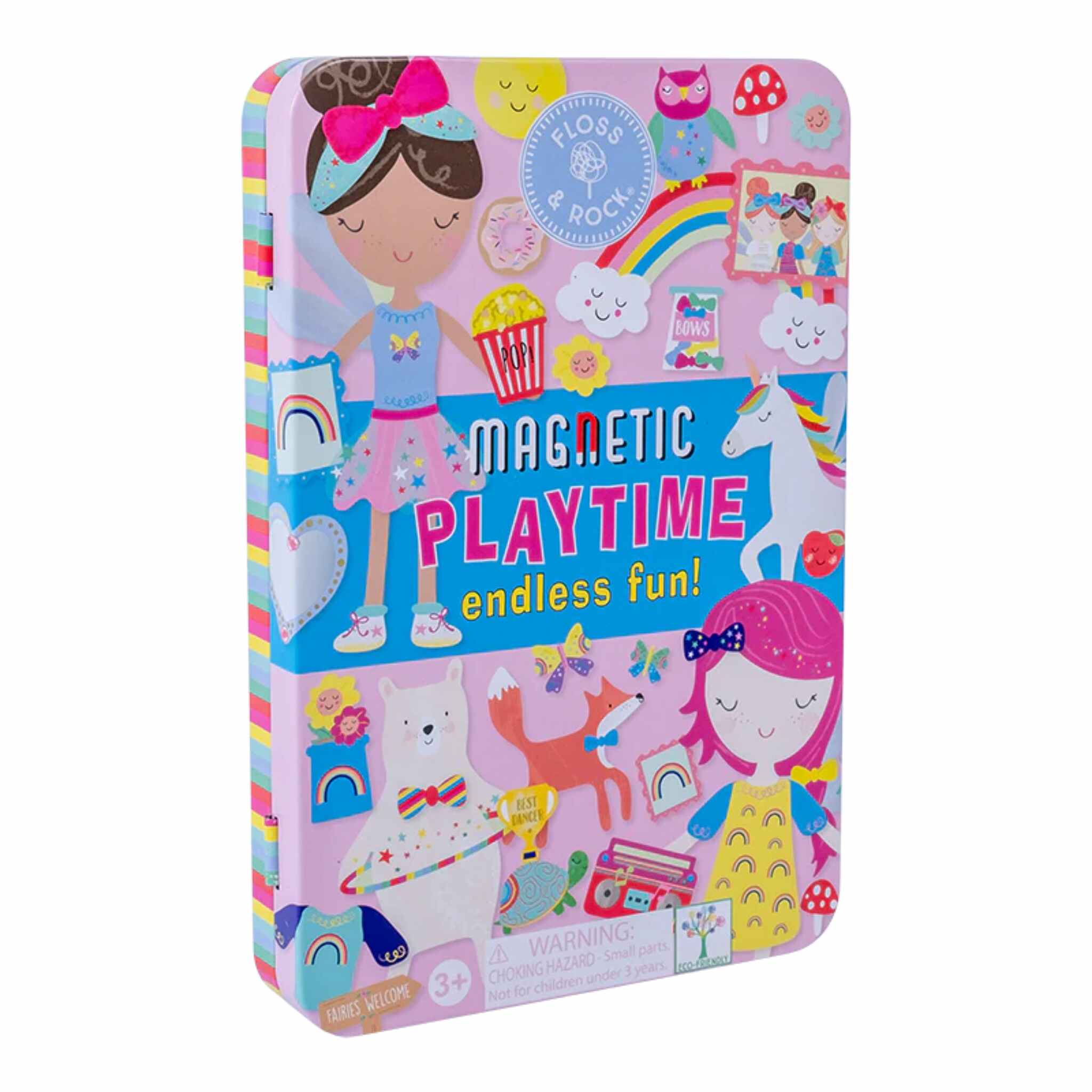 Introducing the Rainbow Fairy Magnetic Playtime by Floss & Rock. This vibrant playtime tin is designed from recycled materials and adorned with charming illustrations of children, unicorns, rainbows, and playful elements. The text reads: "MAGNETIC PLAYTIME endless fun!" and it includes pop-out magnets. Perfect for children ages 3 and up.