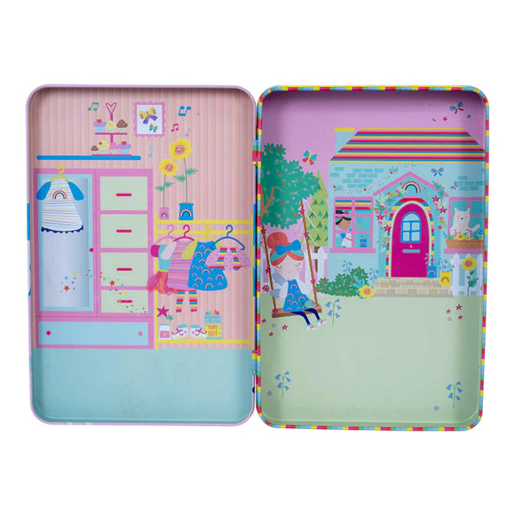 The Rainbow Fairy Magnetic Playtime by Floss & Rock, crafted from recycled materials, showcases vibrant illustrations on an open magnetic tin. On the left side, there's a wardrobe with hanging clothes, while on the right side, you'll find a whimsical house complete with a tree and someone gardening. Both sides are adorned with bright and cheerful designs, making them ideal for playful pop out magnets.