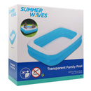 Polygroup's Family Paddling Pool shows two kids joyfully splashing. With dimensions of 2.00m x 1.50m x 51cm, it holds up to 496 liters and suits ages 6+. A clear no-dive symbol ensures safety during endless summer days.