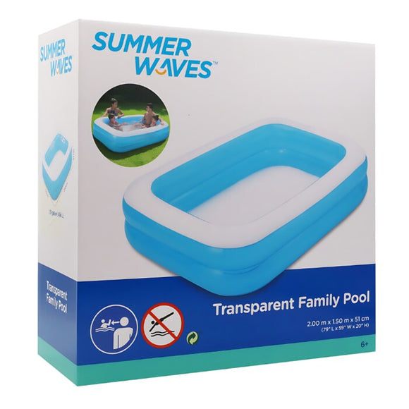 Polygroup's Family Paddling Pool shows two kids joyfully splashing. With dimensions of 2.00m x 1.50m x 51cm, it holds up to 496 liters and suits ages 6+. A clear no-dive symbol ensures safety during endless summer days.
