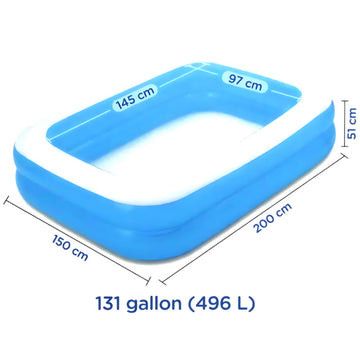 Enjoy endless fun with the Polygroup Family Paddling Pool, showcasing a sleek blue and white design. Measuring 200 cm by 150 cm and standing 51 cm high, it offers a roomy 496-litre capacity, perfect for cooling off on hot summer days. Eco Geli Baff friendly!.
