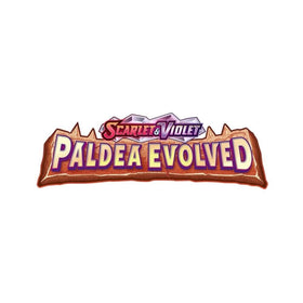 The POKÉMON Scarlet & Violet 2: Paldea Evolved Checklane Blister logo showcases "Scarlet & Violet" in vivid red and purple, above bold "Paldea Evolved" letters. Set on a textured banner, it hints at themes of evolution or transformation, resembling a Pokémon TCG booster pack.