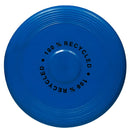 The Crazy Coast Eco 100% Recycled Frisbee Flyer in blue, featuring a design of concentric circles and the phrase "100% RECYCLED" prominently displayed in black letters around the central raised section, embodies a commitment to sustainability. Suitable for children aged 3 years and older, it presents an eco-friendly choice with its vibrant assortment of colors.