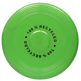 The Eco 100% Recycled Frisbee Flyer by Crazy Coast is a green plastic disc crafted from recycled materials. It showcases "100% Recycled" embossed in black letters at the center, with a smooth surface and concentric circular ridges along the edges, promoting sustainability for ages 3 years and up.