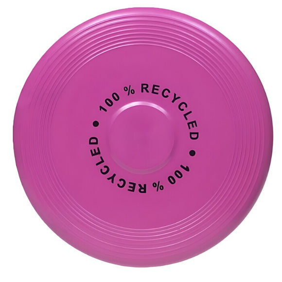 Introducing the Crazy Coast Eco 100% Recycled Frisbee Flyer in pink, adorned with circular ridges and "100% RECYCLED" boldly printed in black. Made from recycled materials, this frisbee is perfect for children aged 3 years and older. It also comes in a variety of colors to match any child's taste.