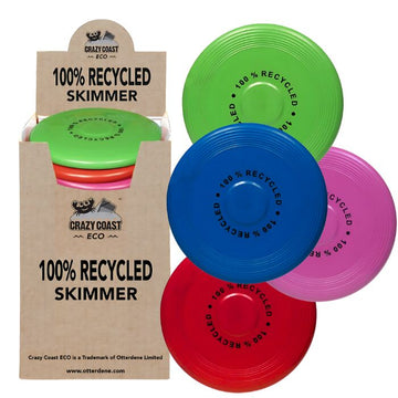 Introducing the Eco 100% Recycled Frisbee Flyer from Crazy Coast, featuring an array of vibrant round skimmer discs available in assorted colors—green, pink, blue, and purple. Crafted entirely from recycled materials, these frisbees are perfect for children aged 3 years and older. They come packaged in eco-friendly cardboard adorned with the Crazy Coast ECO branding.