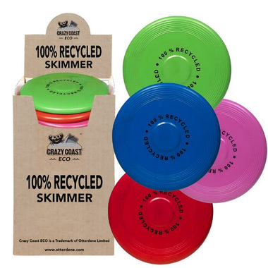 Introducing the Eco 100% Recycled Frisbee Flyer from Crazy Coast, featuring an array of vibrant round skimmer discs available in assorted colors—green, pink, blue, and purple. Crafted entirely from recycled materials, these frisbees are perfect for children aged 3 years and older. They come packaged in eco-friendly cardboard adorned with the Crazy Coast ECO branding.