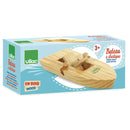 The Rubber Band Powered Boat by Vilac is a delightful wooden toy ideal for children aged 3 and up. It comes in a charming box with illustrated packaging that includes text in both French and English.