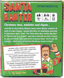 Santa Banter by The Toy Shop is a vibrant Christmas-themed game designed for ages 14 and up, accommodating four or more players for festive entertainment in just 20 minutes. The packaging features joyful illustrations and includes example rhymes and rhyming pairs centered around classic Christmas themes.