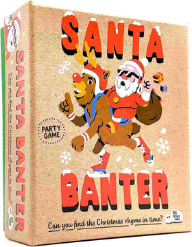 The image displays the boxed party game "Santa Banter" from The Toy Shop, featuring a cover illustration of Santa Claus and a reindeer joyfully running. Accompanied by the tagline, "Can you find the Christmas rhyme in time?", this festive Christmas game offers delightful challenges with rhyming pairs.